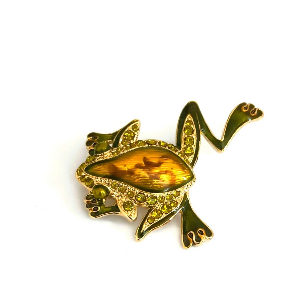Women's Enamel Leaping Frog Brooch Vintage Jewelry Gold Tone Pin Green Stones